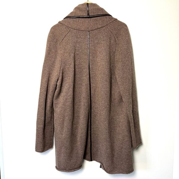Vince Open Front Longline Wool Cardigan sz L Alpaca Yak Cashmere Leather Trim - Picture 5 of 8